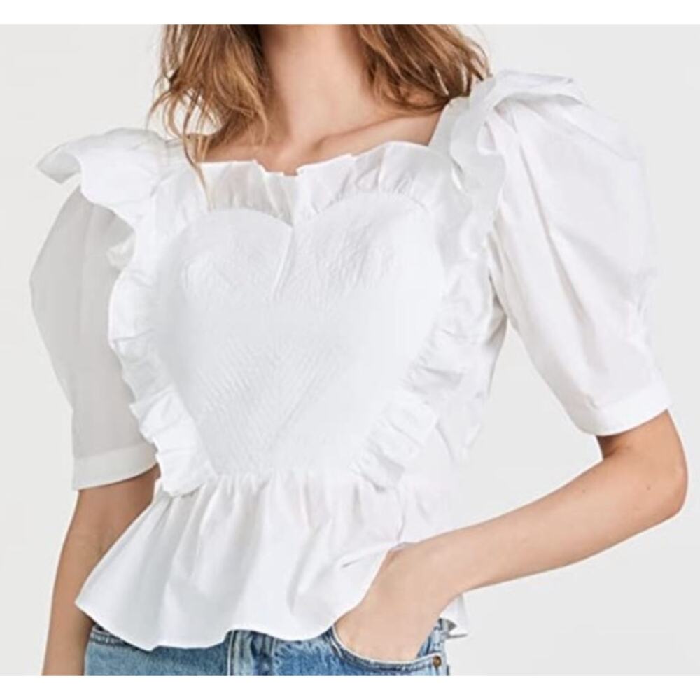 Sea New York Heidi Top White Cotton Heart Blouse Quilted Ruffle Open Back 10